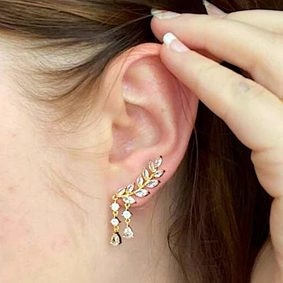 Gold Zircon Leaf Tassel Ear Climber Crystal Rhinestone Earrings - Picture 2 of 10